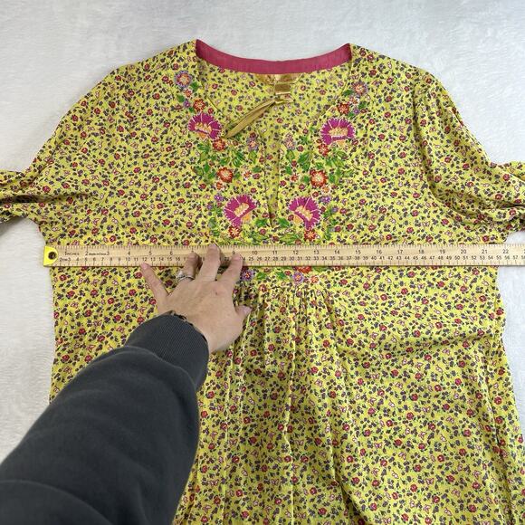April Cornell XL Dress Cottagecore Yellow Floral Embroidered Long Sleeve Prairie - Picture 9 of 12